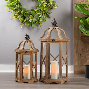 Homeroots Set Of Two Natural And Brown Wood And Metal Geometric Floor Lantern Candle Holders   517611
