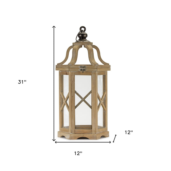 Homeroots Set Of Two Natural And Brown Wood And Metal Geometric Floor Lantern Candle Holders   517611