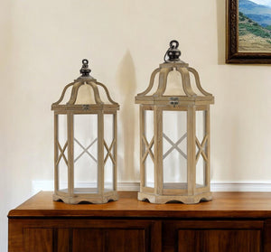 Homeroots Set Of Two Natural And Brown Wood And Metal Geometric Floor Lantern Candle Holders   517611