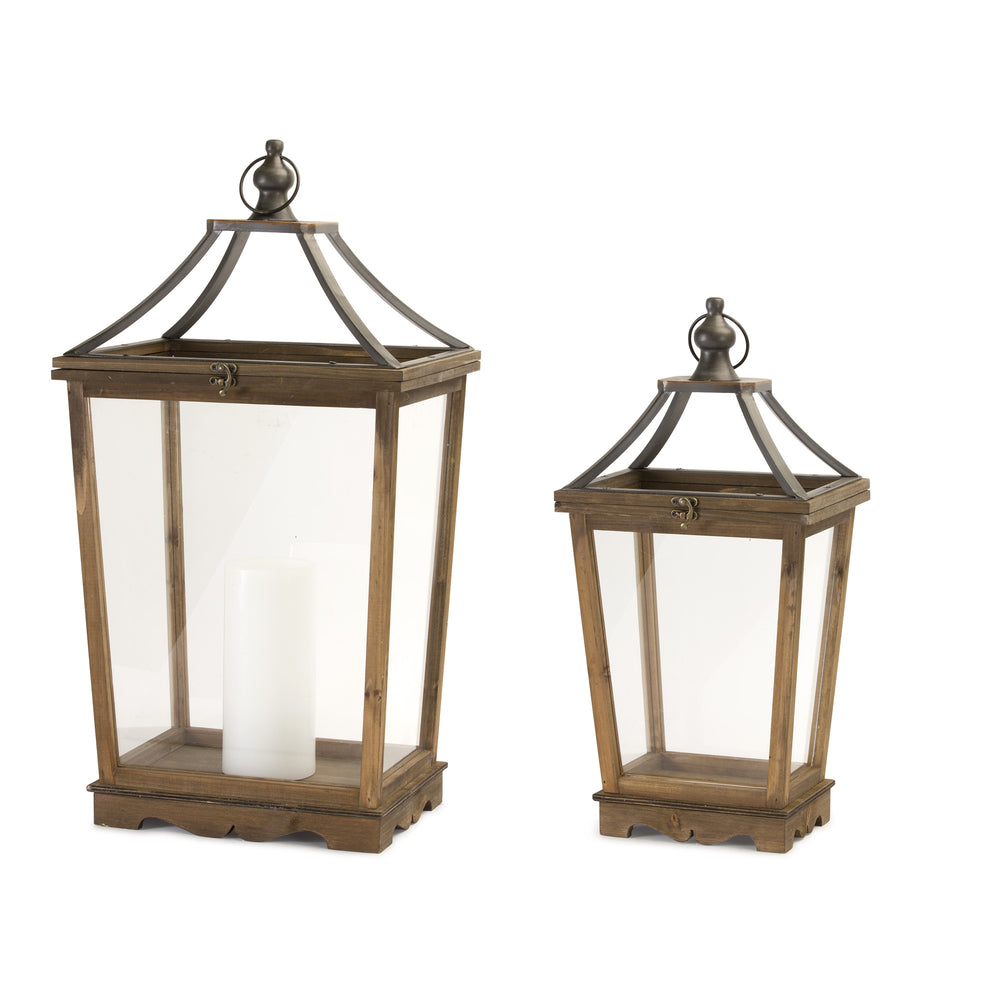 Homeroots Set Of Two Brown Wood And Metal Geometric Floor Lantern Candle Holders   517614
