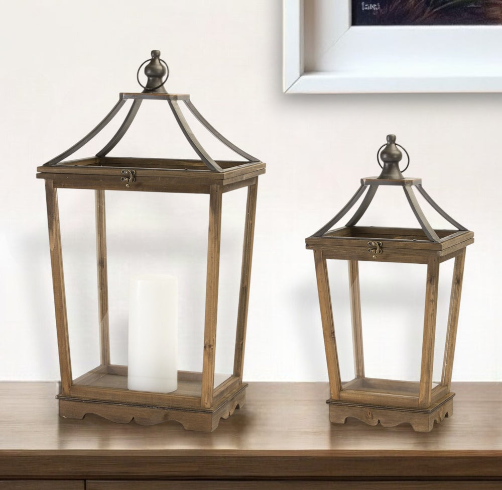 Homeroots Set Of Two Brown Wood And Metal Geometric Floor Lantern Candle Holders   517614