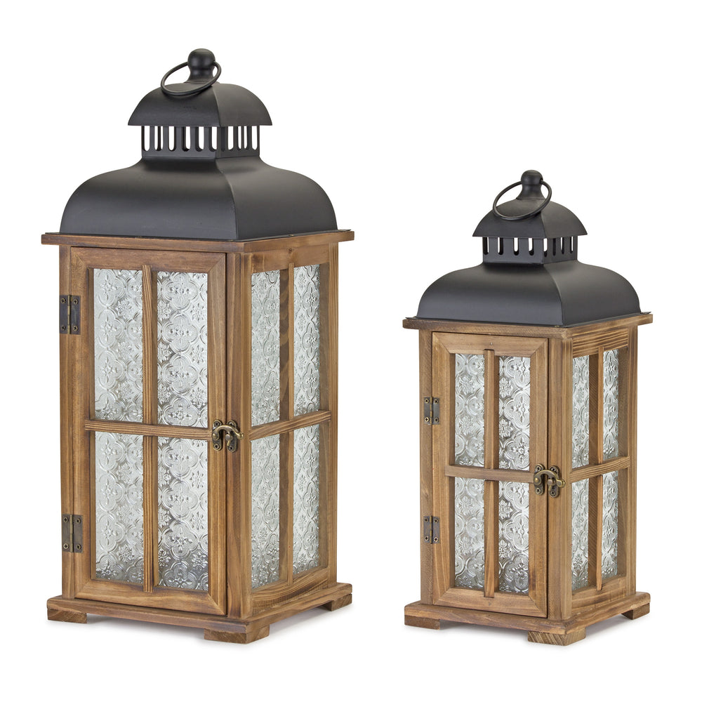 Homeroots Set Of Two Brown And Black Frosted Glass Wood And Metal Floor Lantern Candle Holders   517615