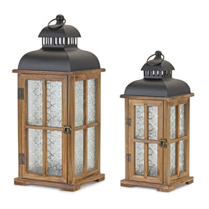 Homeroots Set Of Two Brown And Black Frosted Glass Wood And Metal Floor Lantern Candle Holders   517615
