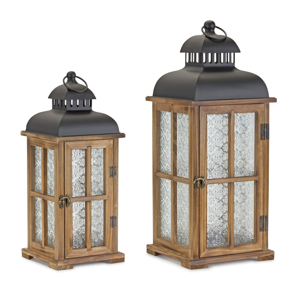 Homeroots Set Of Two Brown And Black Frosted Glass Wood And Metal Floor Lantern Candle Holders   517615
