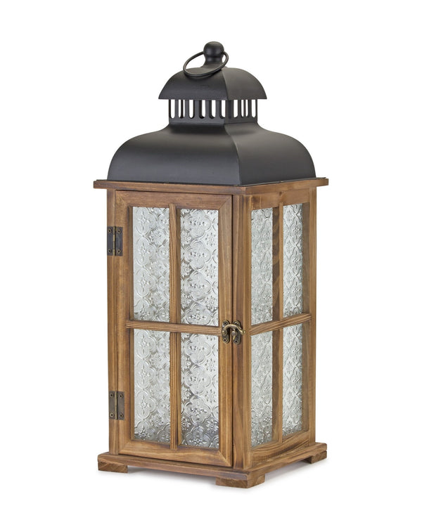 Homeroots Set Of Two Brown And Black Frosted Glass Wood And Metal Floor Lantern Candle Holders   517615