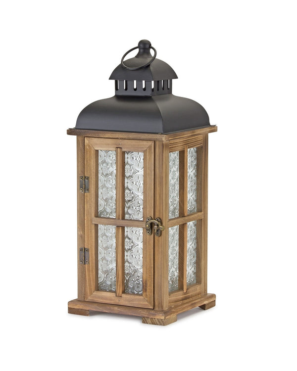 Homeroots Set Of Two Brown And Black Frosted Glass Wood And Metal Floor Lantern Candle Holders   517615