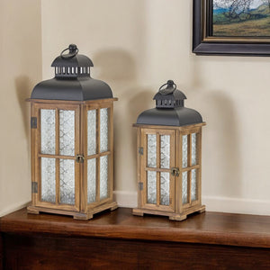 Homeroots Set Of Two Brown And Black Frosted Glass Wood And Metal Floor Lantern Candle Holders   517615