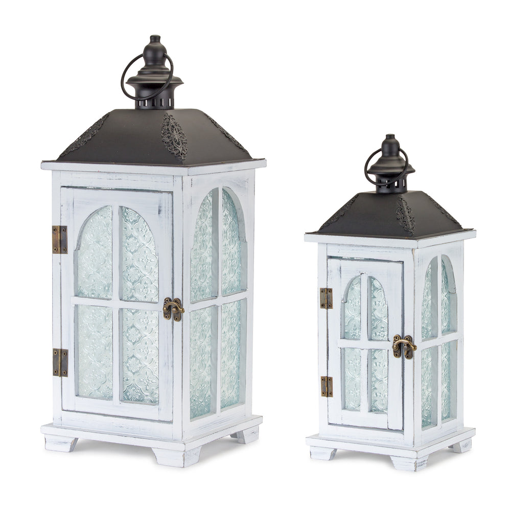 Homeroots Set Of Two White And Black Glass Wood And Metal Ornate Floor Lantern Candle Holders   517616