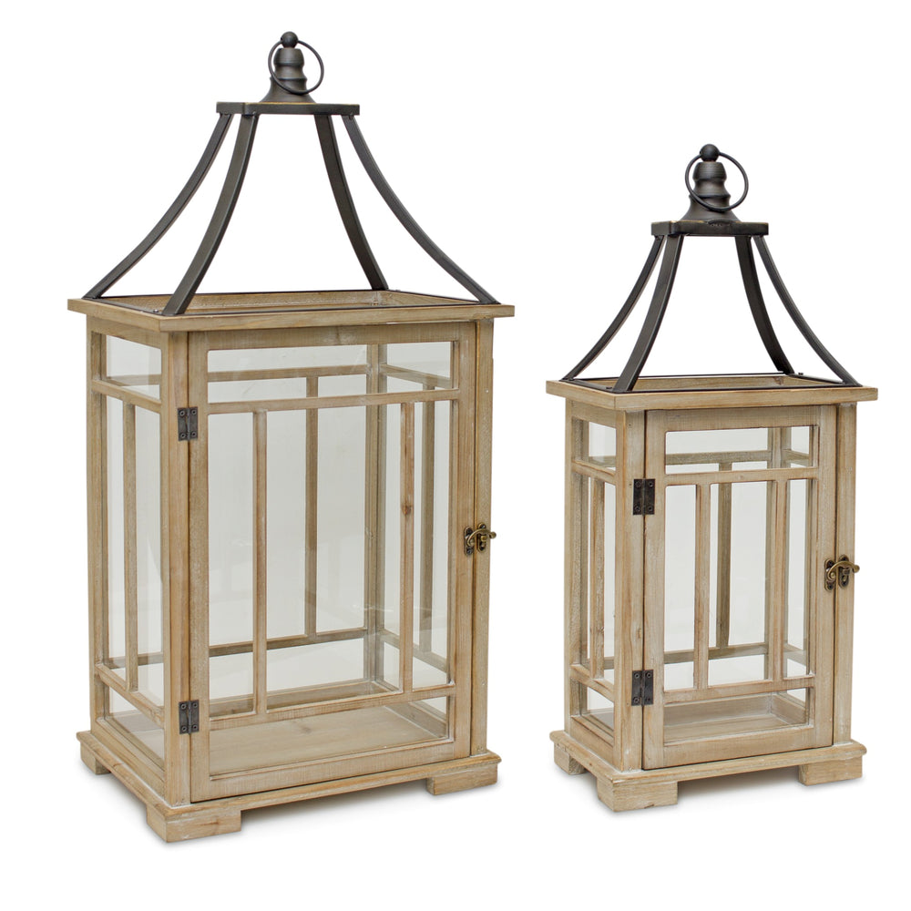 Homeroots Set Of Two Brown And Black Wood And Metal Geometric Tabletop Lantern Candle Holders   517619
