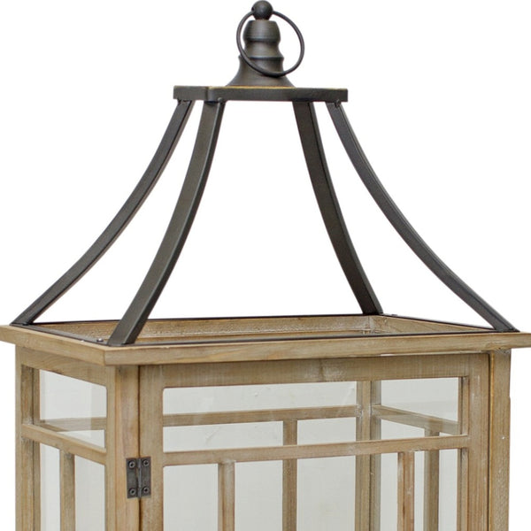 Homeroots Set Of Two Brown And Black Wood And Metal Geometric Tabletop Lantern Candle Holders   517619