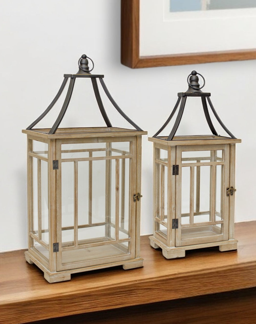 Homeroots Set Of Two Brown And Black Wood And Metal Geometric Tabletop Lantern Candle Holders   517619