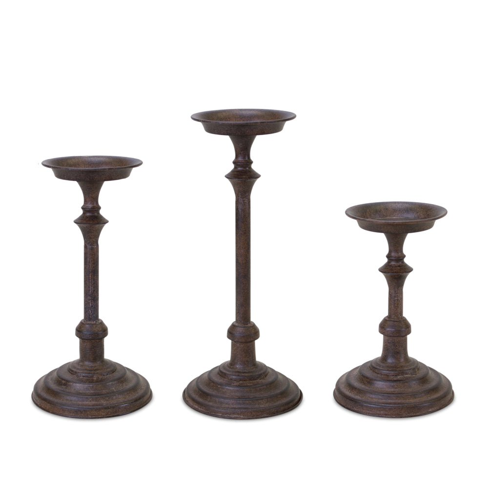 Homeroots Set Of Three Brown Rustic Resin Tabletop Pillar Candle Holders   517622