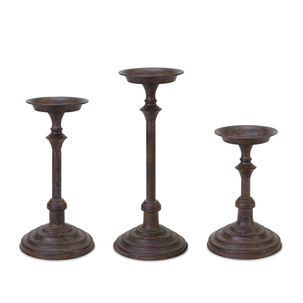 Homeroots Set Of Three Brown Rustic Resin Tabletop Pillar Candle Holders   517622