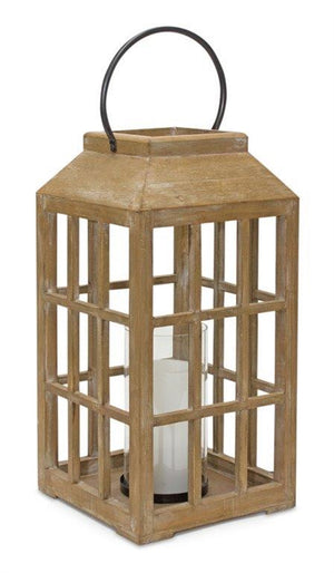 Homeroots 18" Natural Wood And Glass Geometric Centerpiece Lantern Candle Holder   517624