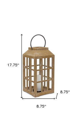 Homeroots 18" Natural Wood And Glass Geometric Centerpiece Lantern Candle Holder   517624