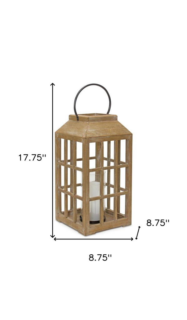 Homeroots 18" Natural Wood And Glass Geometric Centerpiece Lantern Candle Holder   517624