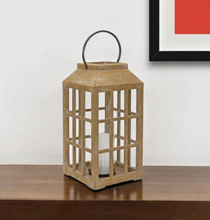 Homeroots 18" Natural Wood And Glass Geometric Centerpiece Lantern Candle Holder   517624