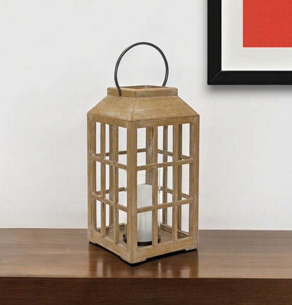 Homeroots 18" Natural Wood And Glass Geometric Centerpiece Lantern Candle Holder   517624