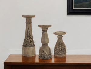 Homeroots Set Of Three Brown Resin Woodland Carved Tabletop Pillar Candle Holders   517627