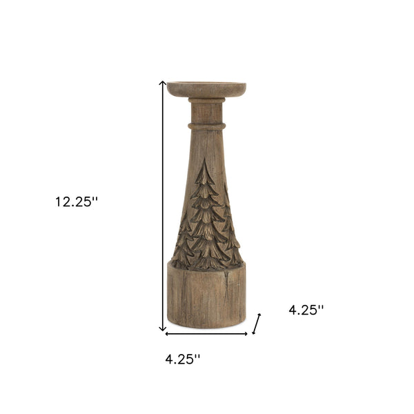Homeroots Set Of Three Brown Resin Woodland Carved Tabletop Pillar Candle Holders   517627