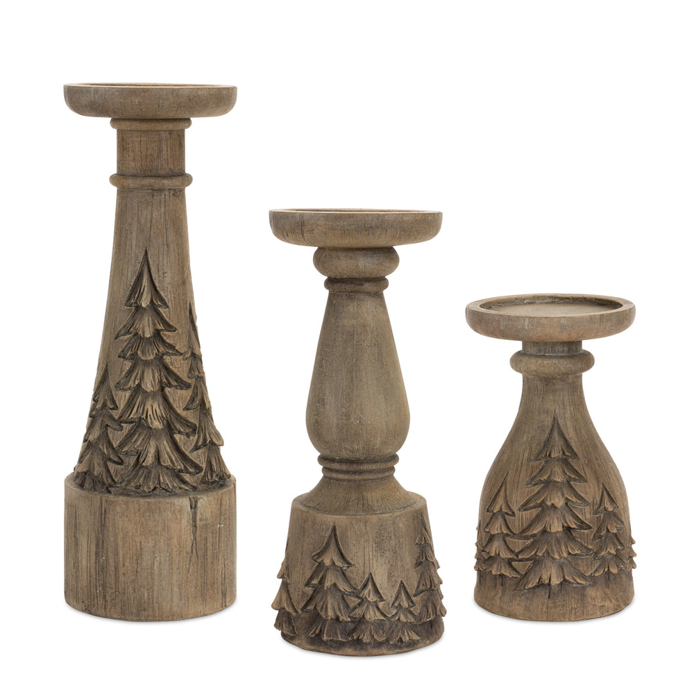 Homeroots Set Of Three Brown Resin Woodland Carved Tabletop Pillar Candle Holders   517627