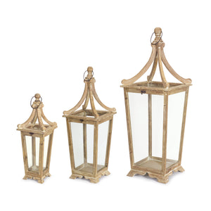Homeroots Set Of Three Brown Wood And Glass Floor Lantern Candle Holders   517646