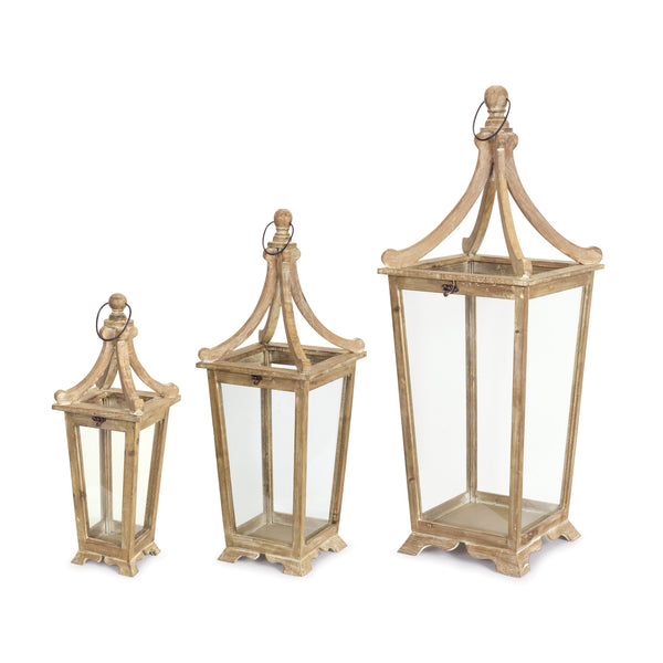 Homeroots Set Of Three Brown Wood And Glass Floor Lantern Candle Holders   517646