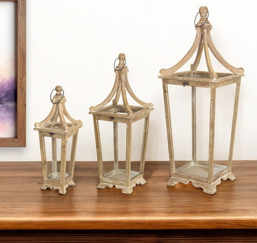 Homeroots Set Of Three Brown Wood And Glass Floor Lantern Candle Holders   517646