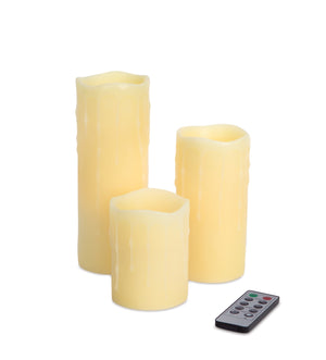 Homeroots Set Of Three Yellow Flameless Pillar Candle  Wax 517652