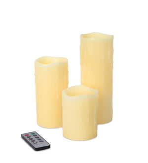 Homeroots Set Of Three Yellow Flameless Pillar Candle  Wax 517652