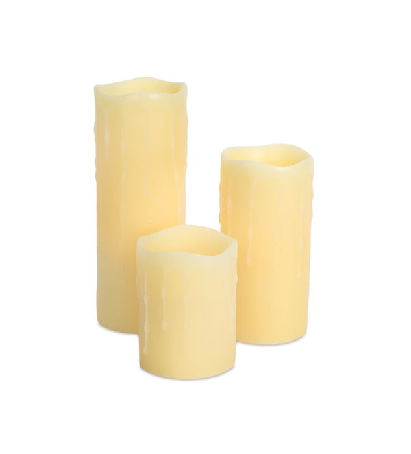 Homeroots Set Of Three Yellow Flameless Pillar Candle  Wax 517652