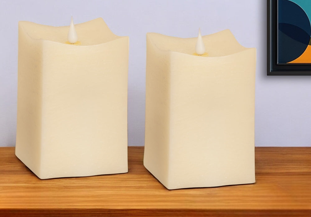 Homeroots Set Of Two Beige Flameless Pillar Candle  Wax 517660