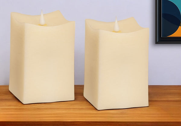 Homeroots Set Of Two Beige Flameless Pillar Candle  Wax 517660