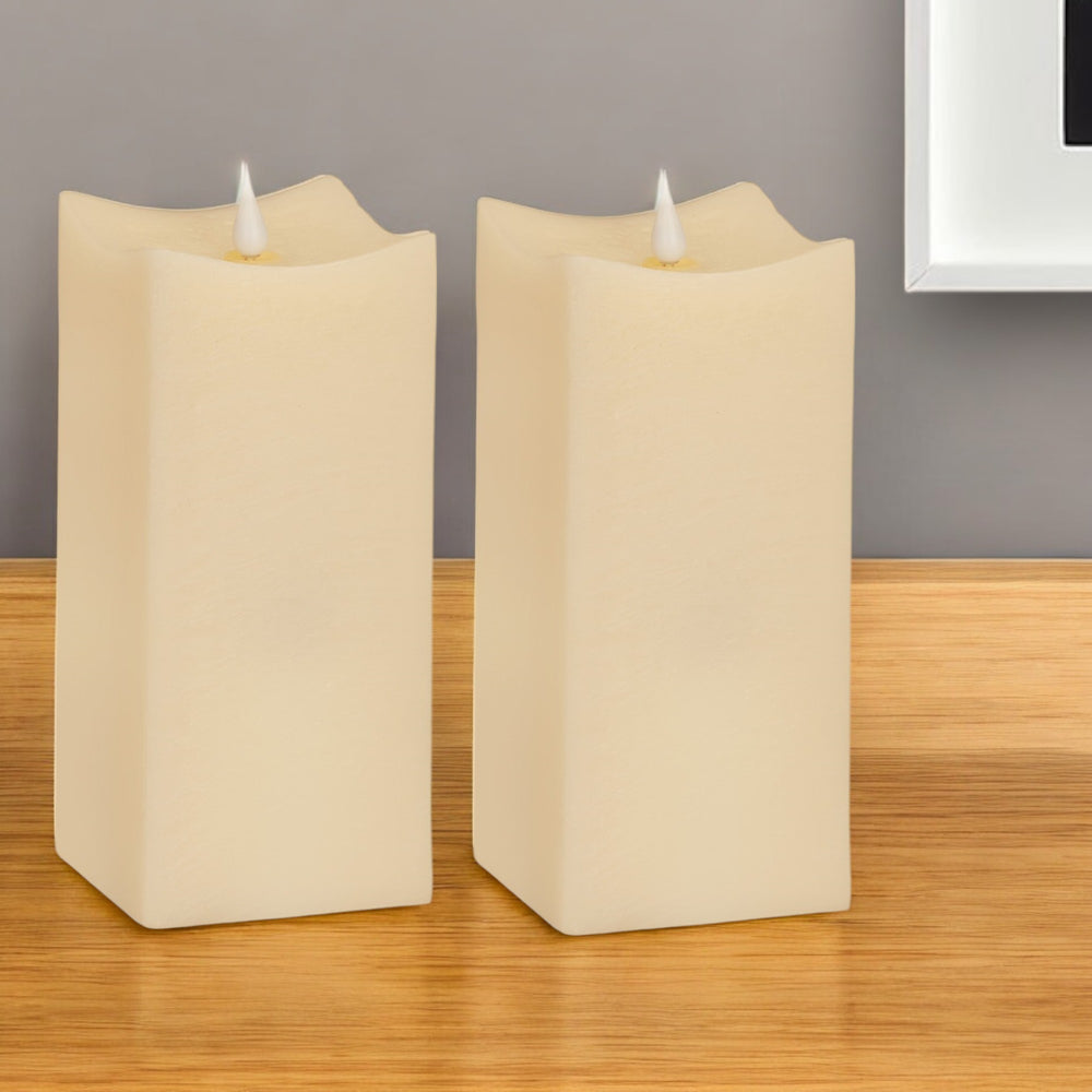 Homeroots Set Of Two Beige Square Flameless Pillar Candles  Wax 517661
