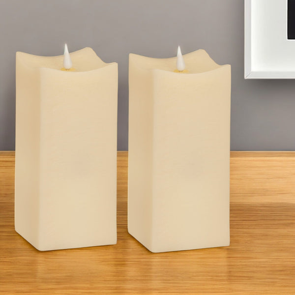 Homeroots Set Of Two Beige Square Flameless Pillar Candles  Wax 517661