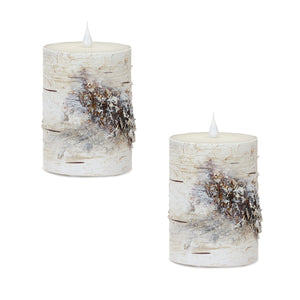 Homeroots Set Of Two Beige And Ivory Faux Birchwood Flameless Pillar Candle  Wax 517676