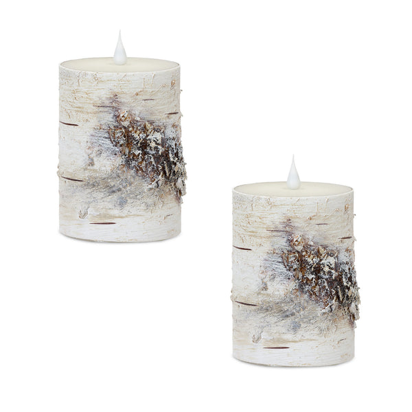Homeroots Set Of Two Beige And Ivory Faux Birchwood Flameless Pillar Candle  Wax 517676