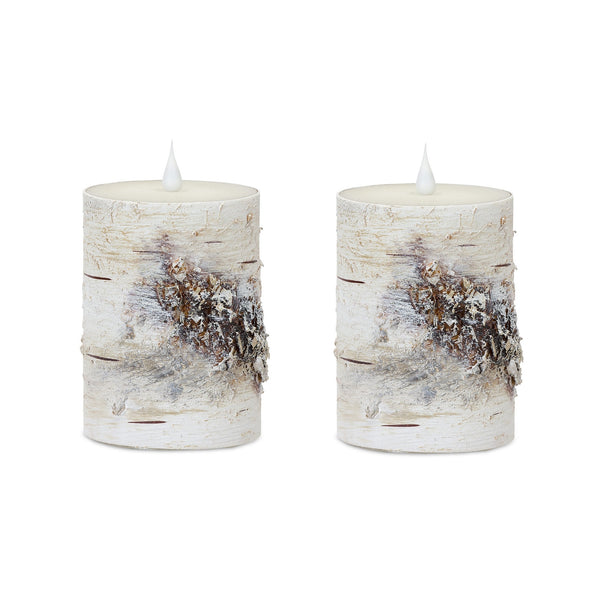 Homeroots Set Of Two Beige And Ivory Faux Birchwood Flameless Pillar Candle  Wax 517676