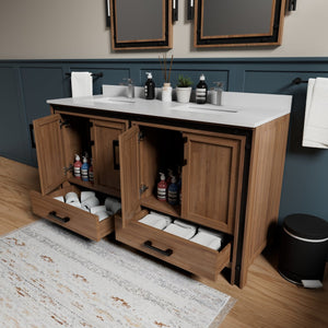 English Elm Rustic Barnwood Double Bath Vanity 60" W with White Quartz Top, Chrome Faucets, 22" Mirrors, Durable Finish B2731S01128