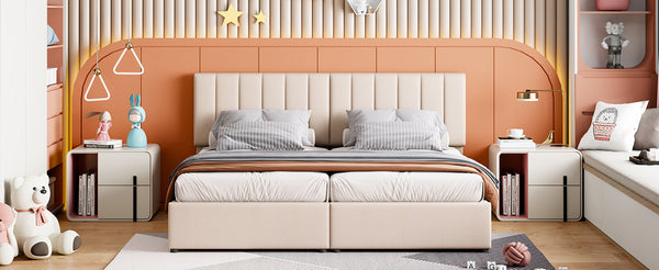 English Elm King Upholstered Hydraulic Storage Bed with Vertical Stripe Headboard, Linen Upholstery, 660lb Capacity Beige SF000285AAA