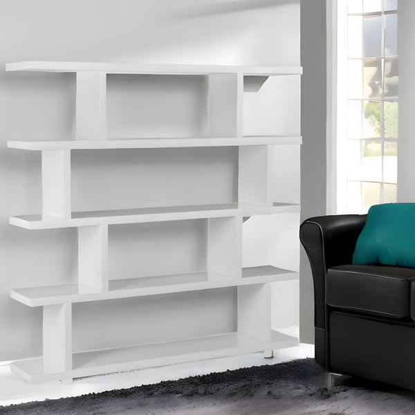 Homeroots 63" White Wood Five Tier Open Asymmetrical Bookcase   517714