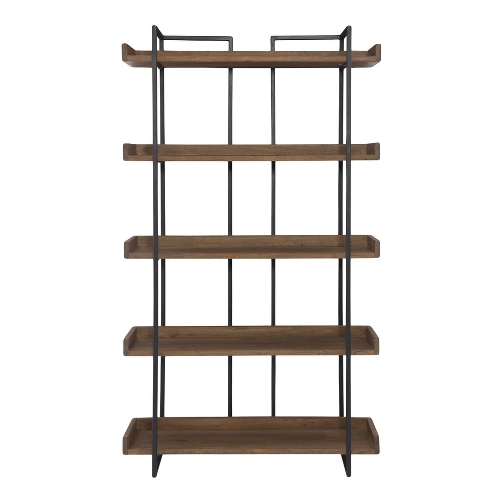 HomeRoots 75" Modern Industrial Five-Tier Bookcase in Brown Acacia Wood & Black Iron - Stylish Storage Solution 517716