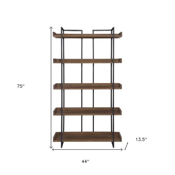 HomeRoots 75" Modern Industrial Five-Tier Bookcase in Brown Acacia Wood & Black Iron - Stylish Storage Solution 517716