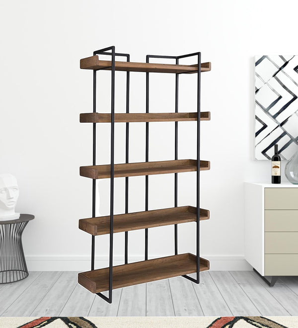 HomeRoots 75" Modern Industrial Five-Tier Bookcase in Brown Acacia Wood & Black Iron - Stylish Storage Solution 517716