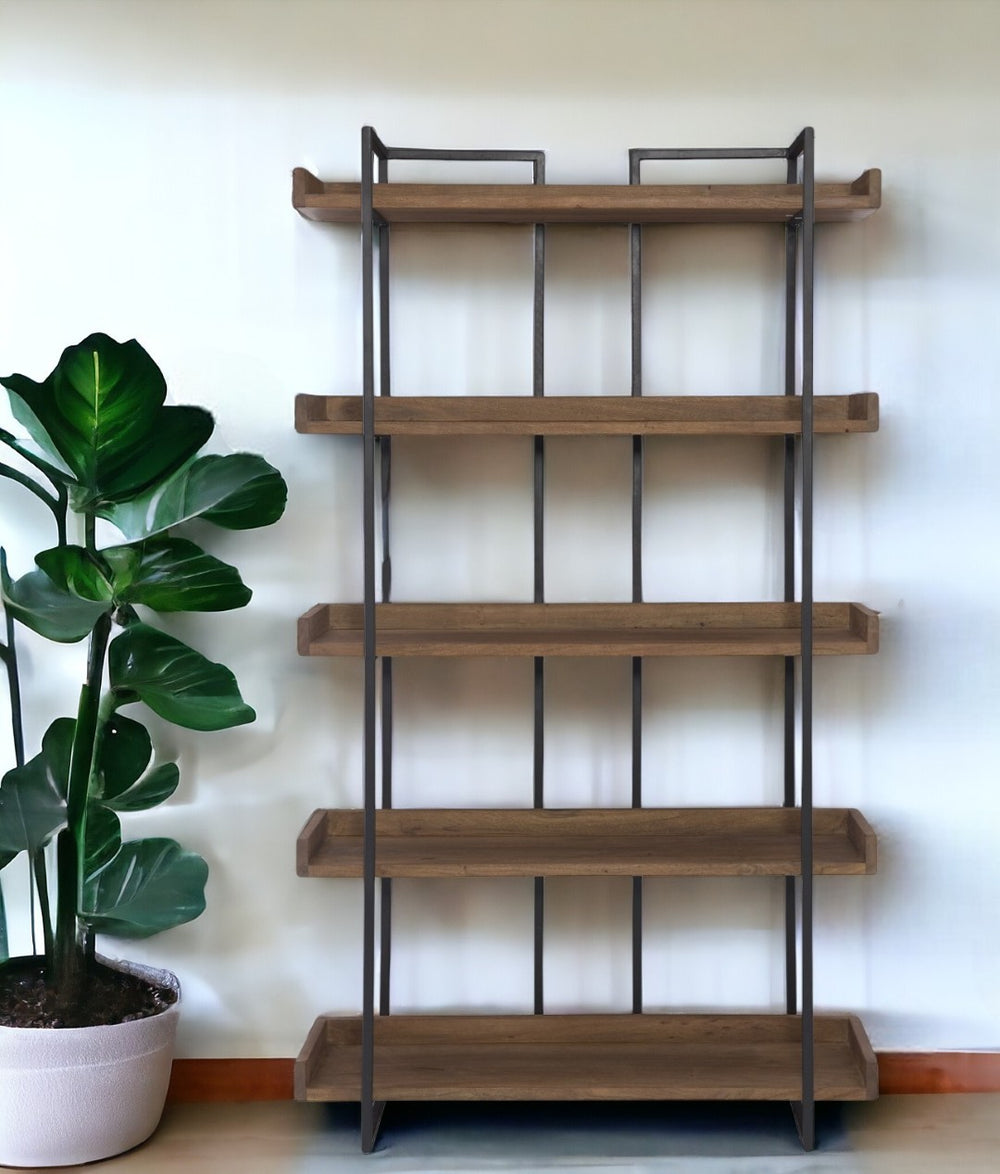 HomeRoots 75" Modern Industrial Five-Tier Bookcase in Brown Acacia Wood & Black Iron - Stylish Storage Solution 517716