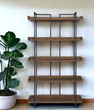 HomeRoots 75" Modern Industrial Five-Tier Bookcase in Brown Acacia Wood & Black Iron - Stylish Storage Solution 517716