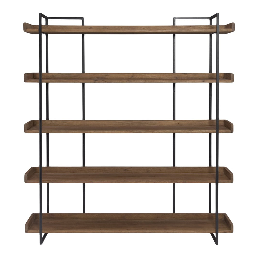 HomeRoots 76" Stylish Brown and Black Metal Wood Five-Tier Bookcase for Modern Living Room and Office Storage 517720