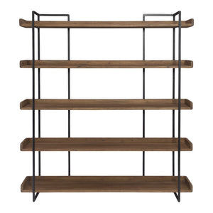 HomeRoots 76" Stylish Brown and Black Metal Wood Five-Tier Bookcase for Modern Living Room and Office Storage 517720