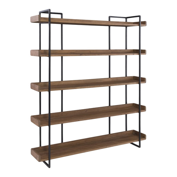 HomeRoots 76" Stylish Brown and Black Metal Wood Five-Tier Bookcase for Modern Living Room and Office Storage 517720