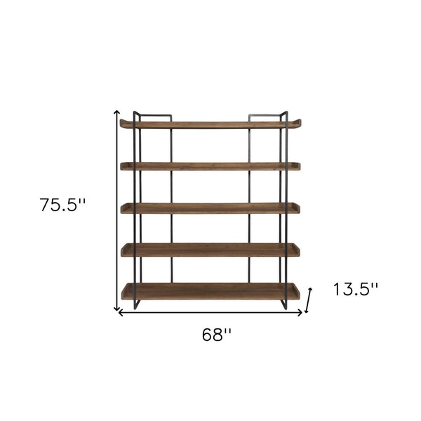 HomeRoots 76" Stylish Brown and Black Metal Wood Five-Tier Bookcase for Modern Living Room and Office Storage 517720